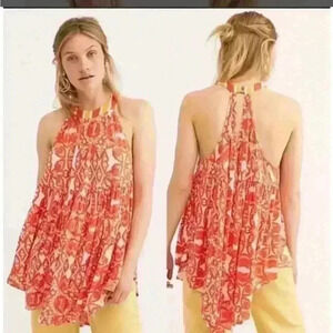 NWT free People M Orange White Print Lightweight Sleeveless Tunic Top